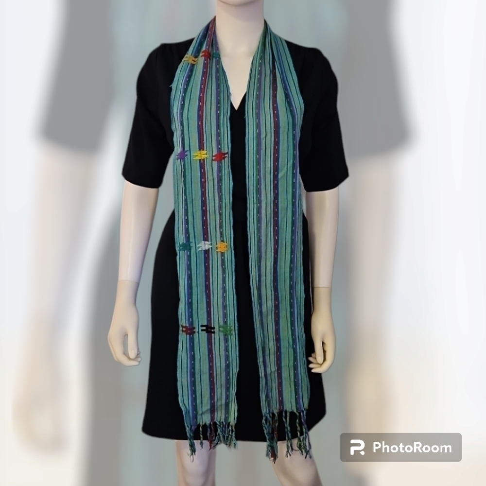 VTG Estate Guatemalan Turquoise Rainbow Stripe Woven Fringe Western Sash - Picture 3 of 6